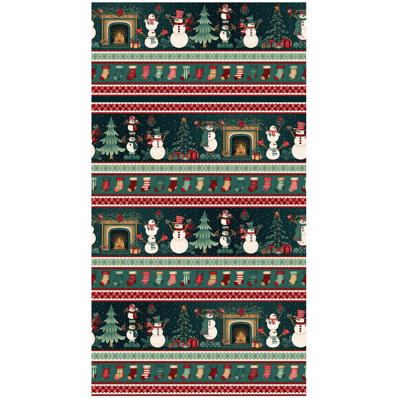 Border stripe fabric featuring jolly snowmen, decorated trees, and cozy fireplaces alternating between rows festive stockings on dark teal fabric.