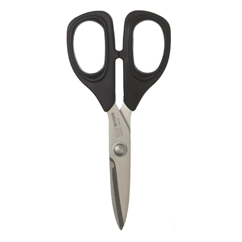 A pair of stainless steel scissors with black rubber grips, positioned with blades closed.