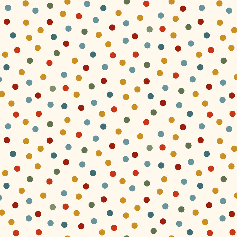 Cream fabric with a timeless pattern of multicolored polka dots.