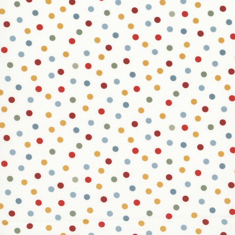 Cream fabric with a timeless pattern of multicolored polka dots.