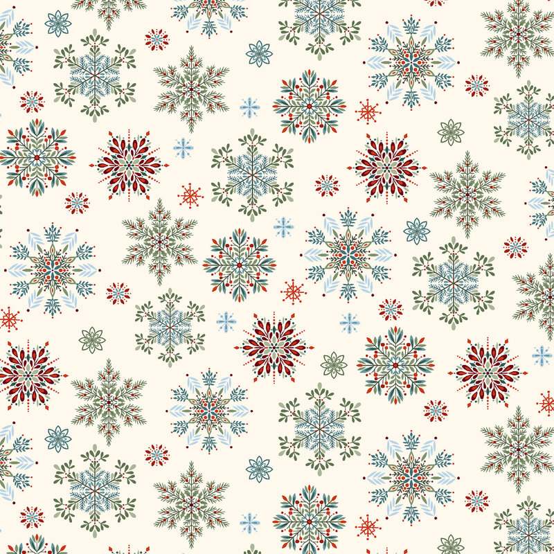 Cream fabric with a pattern of stylized snowflakes composed of various holiday-themed leaves.