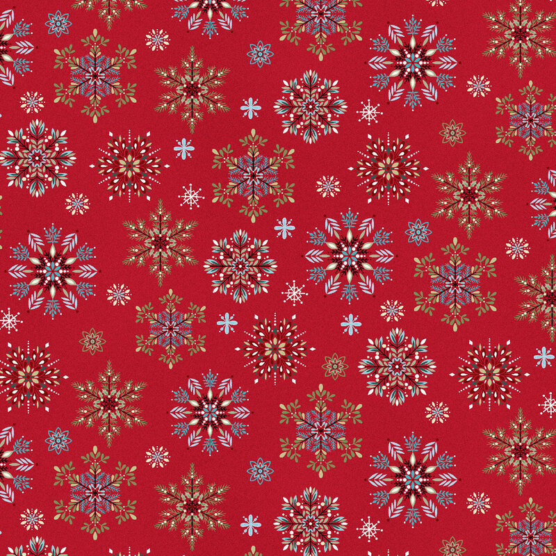 Textured red fabric with a pattern of stylized snowflakes composed of various holiday-themed leaves.