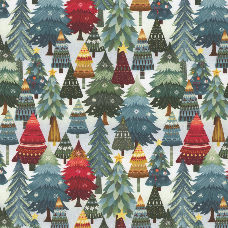 Mottled white fabric with a pattern of dense, stylized Christmas trees filled with intricate miniature holiday motifs.