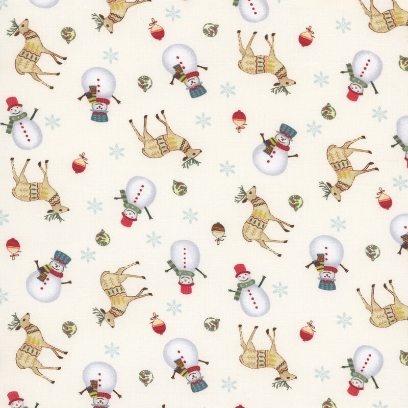 Cream fabric with a stylized Christmas pattern of tossed snowmen, deer, ornaments, and snowflakes, all adorned with small, intricate designs.