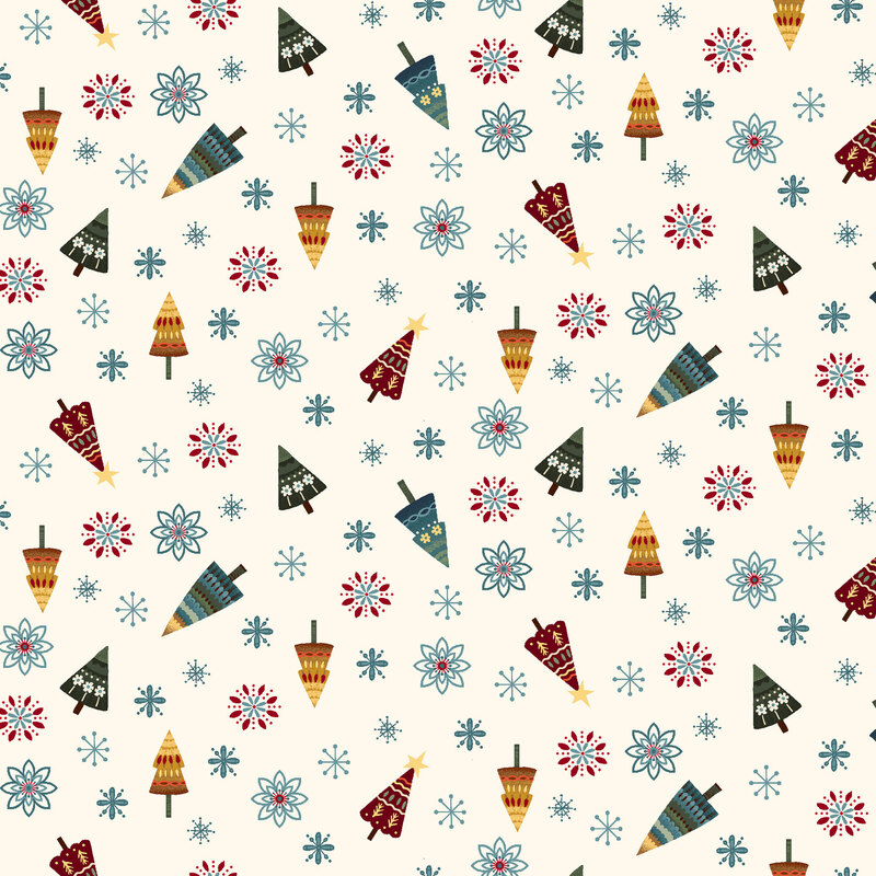 White fabric with a playful pattern of colorful, stylized Christmas trees, snowflakes, and flowers in a tossed layout.
