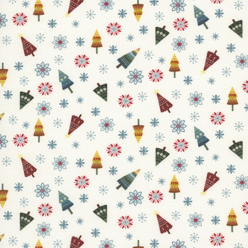 White fabric with a playful pattern of colorful, stylized Christmas trees, snowflakes, and flowers in a tossed layout.
