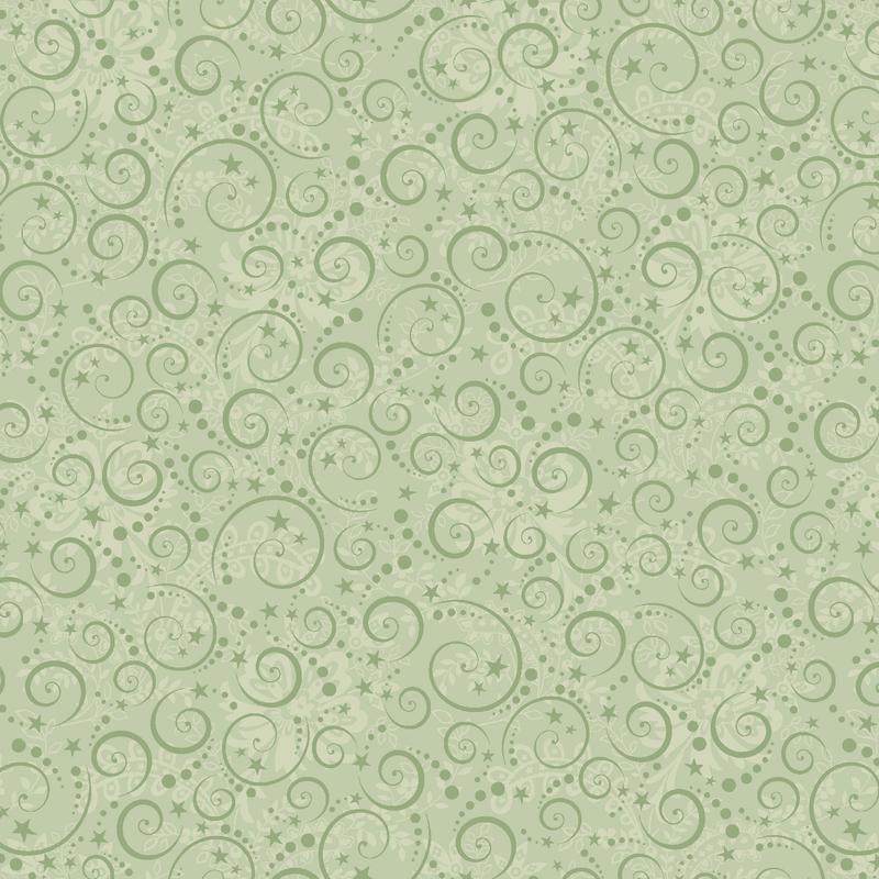 Sage fabric with a stylized pattern of green swirls and stars over a background of subtle tonal flowers and leaves.