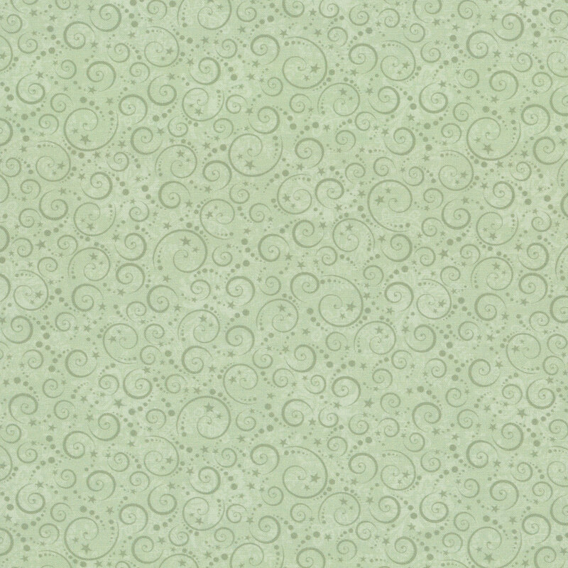 Sage fabric with a stylized pattern of green swirls and stars over a background of subtle tonal flowers and leaves.