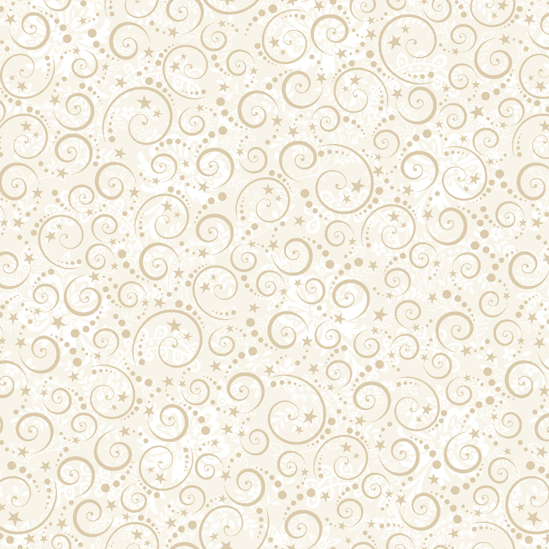 This cream fabric features a stylized pattern of tan swirls and stars over a background of subtle tonal flowers and leaves.