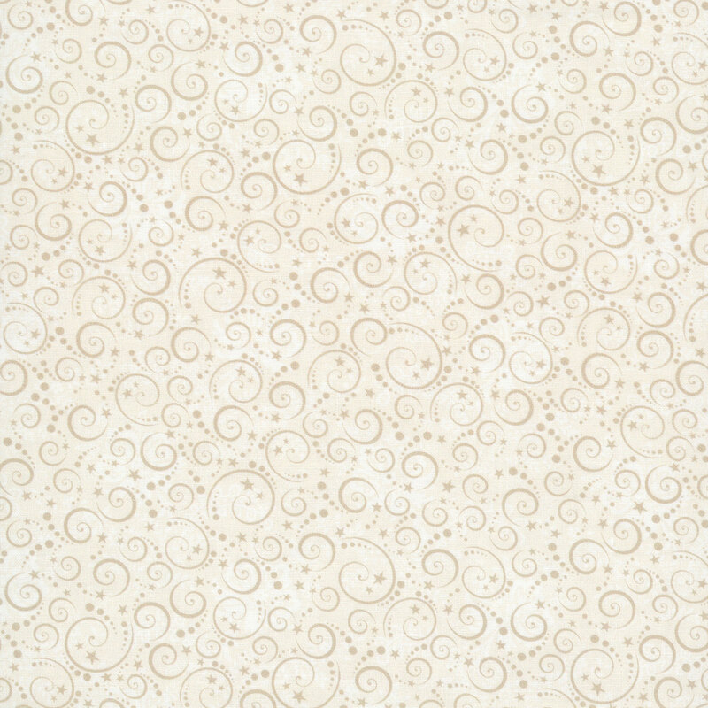 This cream fabric features a stylized pattern of tan swirls and stars over a background of subtle tonal flowers and leaves.