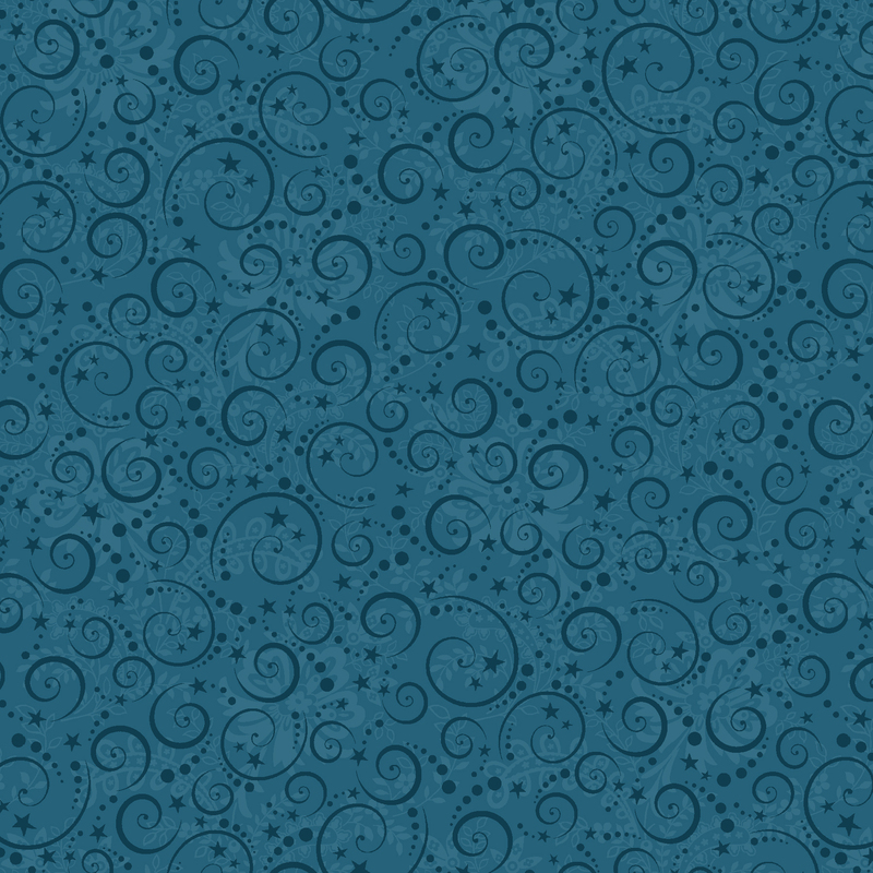 Blue fabric with a stylized pattern of dark blue swirls and stars over a background of subtle tonal flowers and leaves.