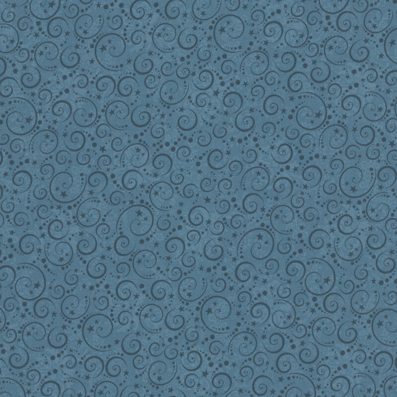 Blue fabric with a stylized pattern of dark blue swirls and stars over a background of subtle tonal flowers and leaves.