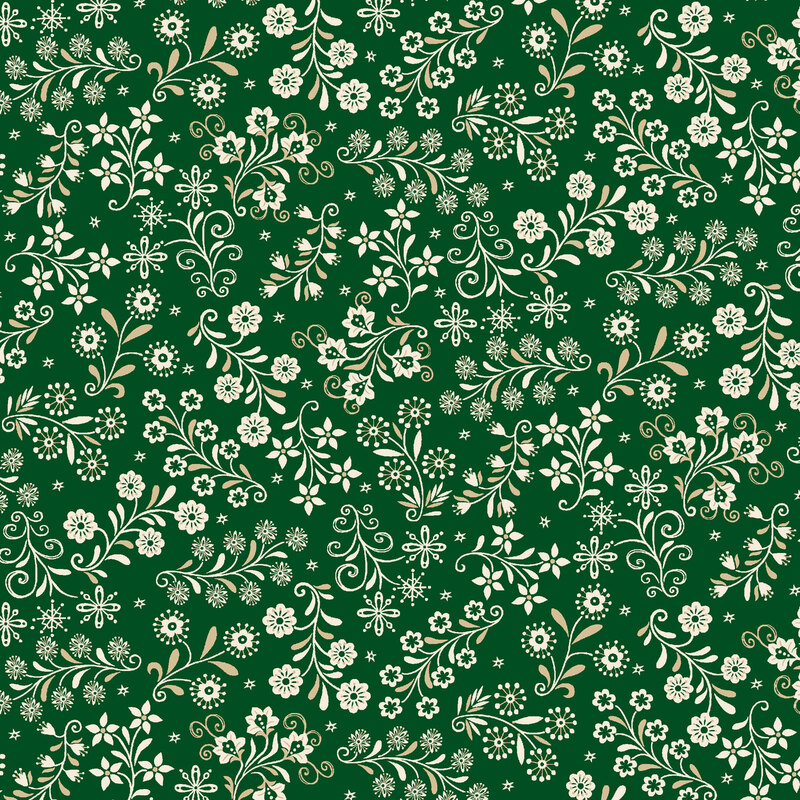 Green fabric with a stylized Scandinavian-themed design of white florals, snowflakes, and small stars.