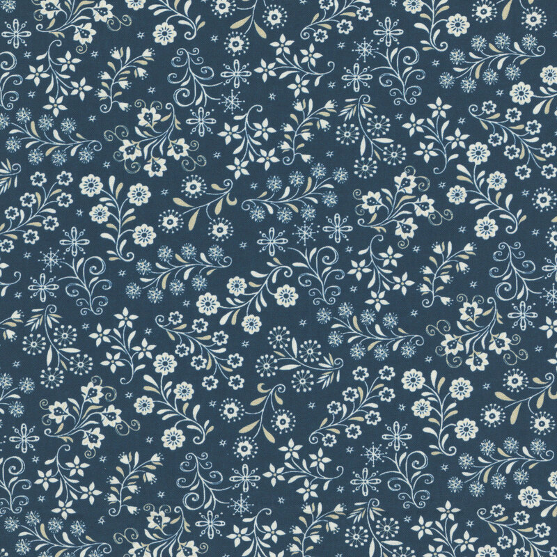 Dark blue fabric with a stylized Scandinavian-themed design of white florals, snowflakes, and small stars.