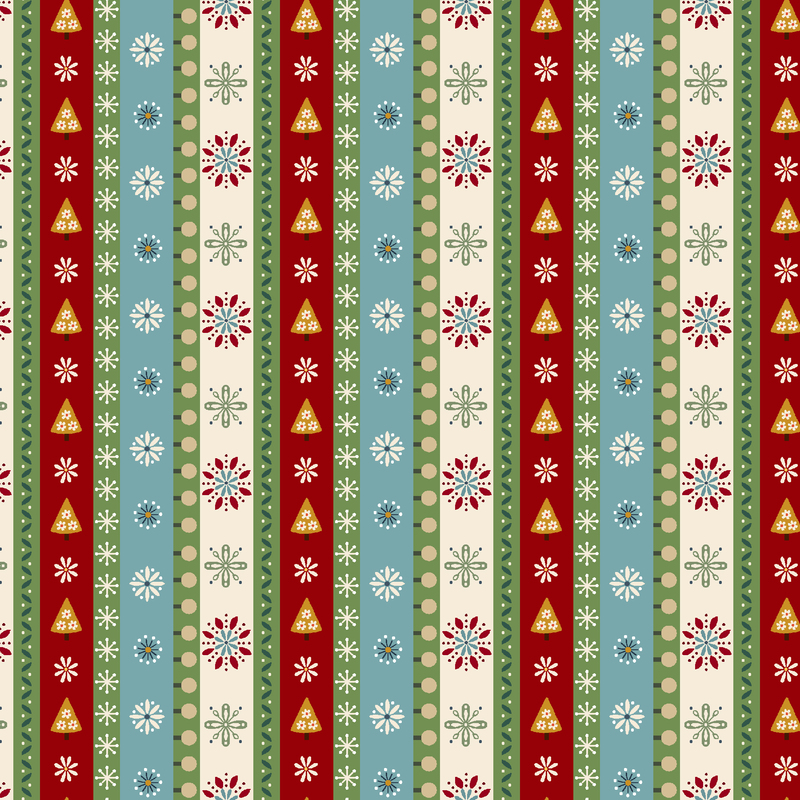 Multicolored fabric with stripes with stylized Christmas motifs such as snowflakes, pine trees, and florals.