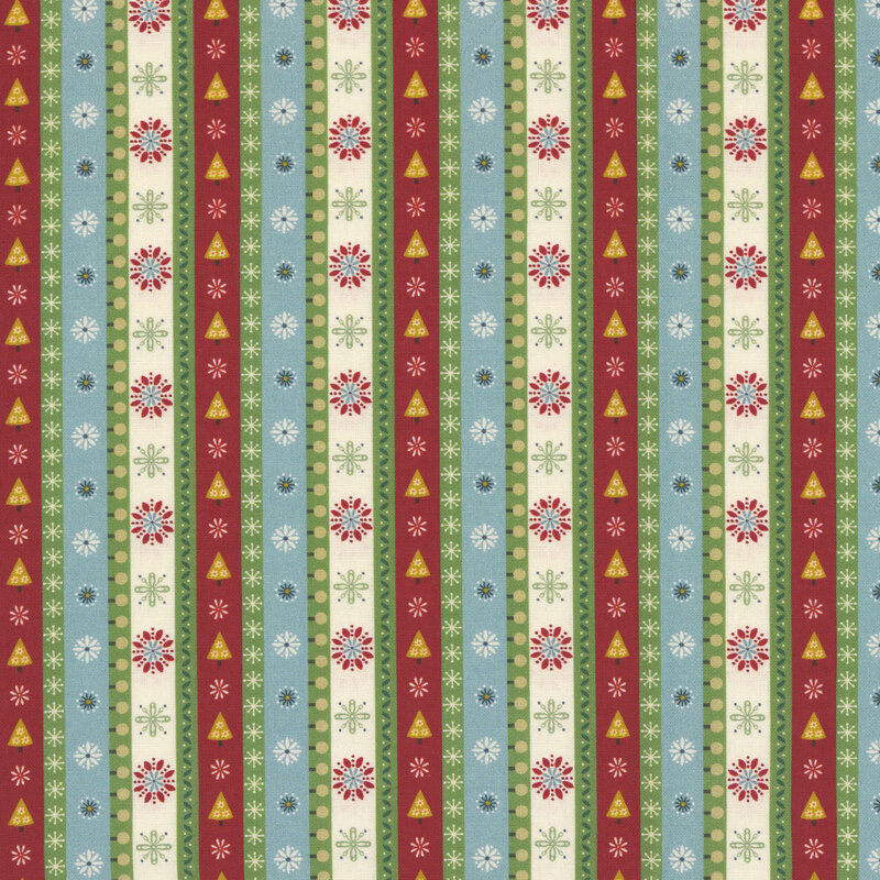 Multicolored fabric with stripes with stylized Christmas motifs such as snowflakes, pine trees, and florals.
