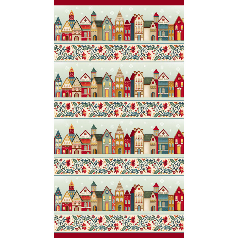 Multicolored border print with an inspired design of townhouses and stylized floral stripes.