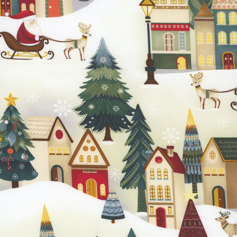 Fabric with a Scandinavian holiday scene with snowmen, townhouses, Christmas trees, and deer.