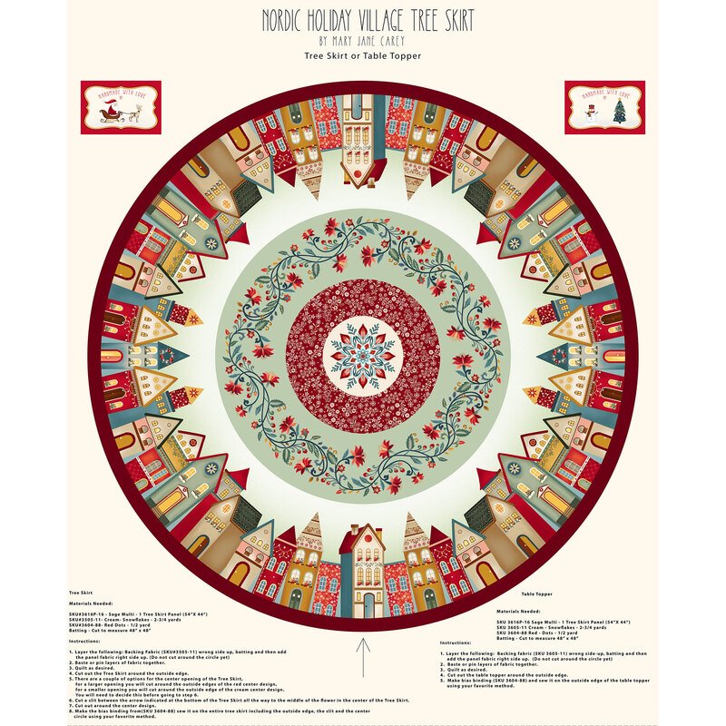 Tree skirt panel with a charming design of townhouses with a floral inner ring, adding a Scandinavian touch to any Christmas tree.