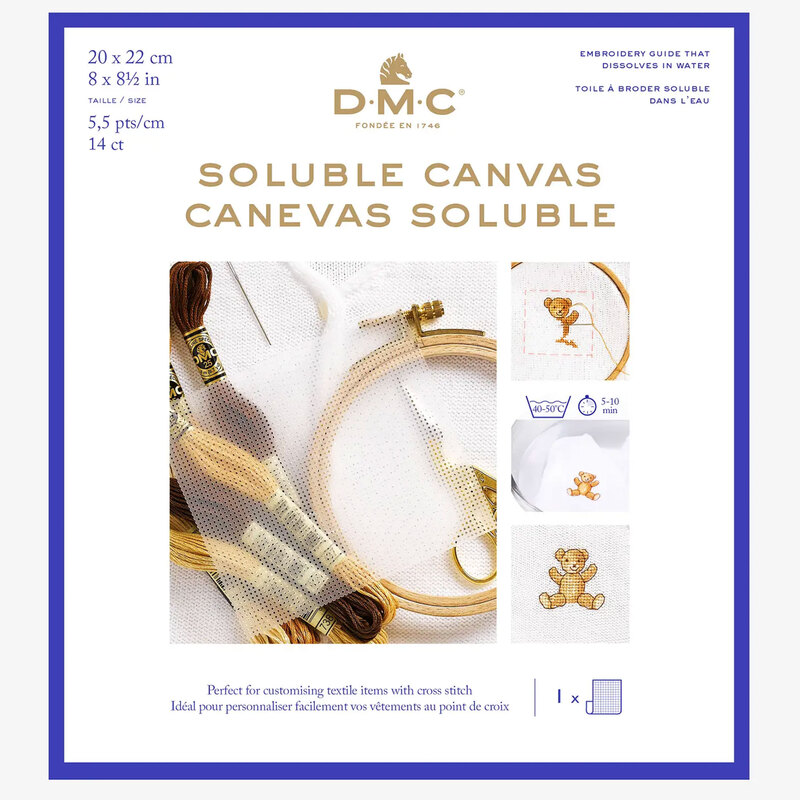 DMC Water Soluble Waste Canvas packaging with measurements and an example of the product on the front