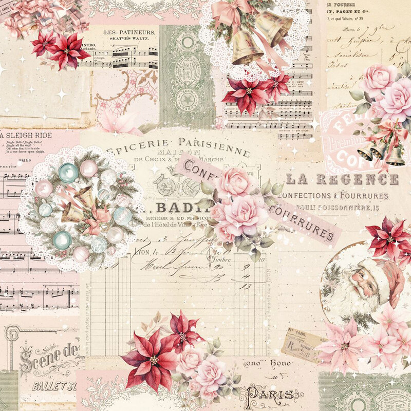 A ivory fabric with bells, poinsettias, wreaths, santa claus, and a victorian scrapbook theme. 