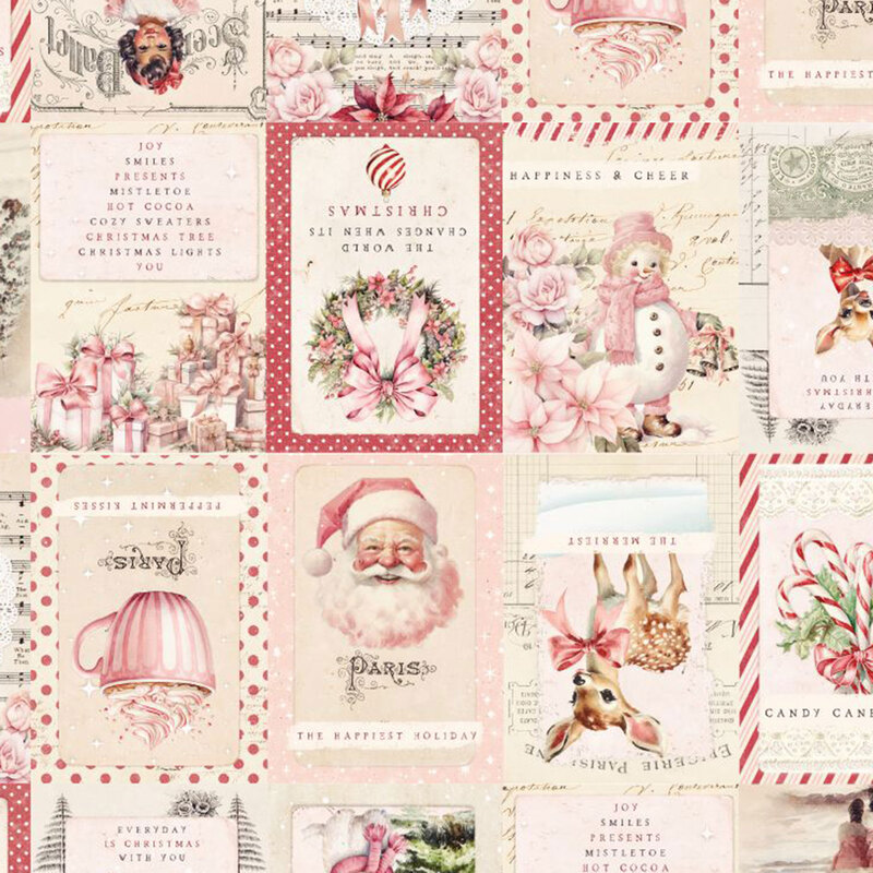 A ivory fabric with presents, snowman, candycanes, wreaths, santa claus, and a victorian scrapbook theme. 