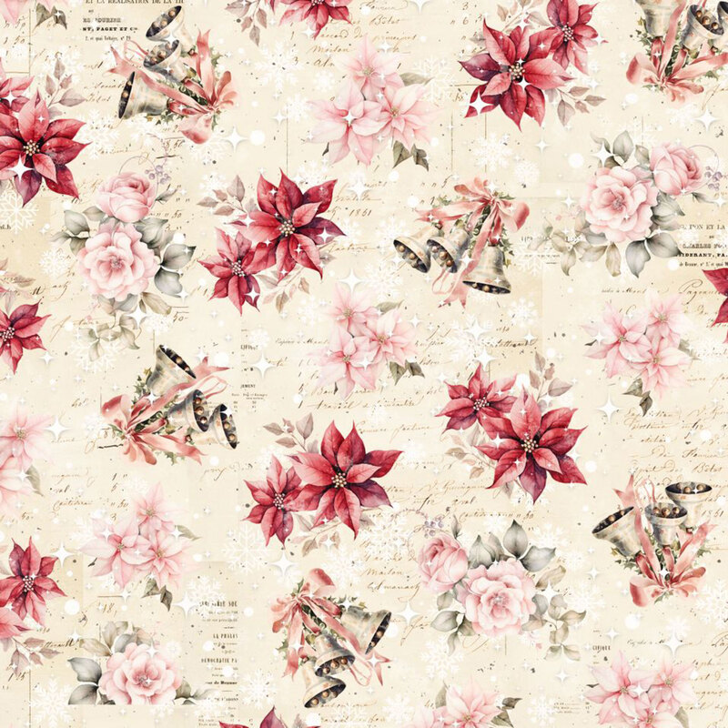 A ivory fabric with poinsettias, bells, roses, bows and a victorian scrapbook theme. 