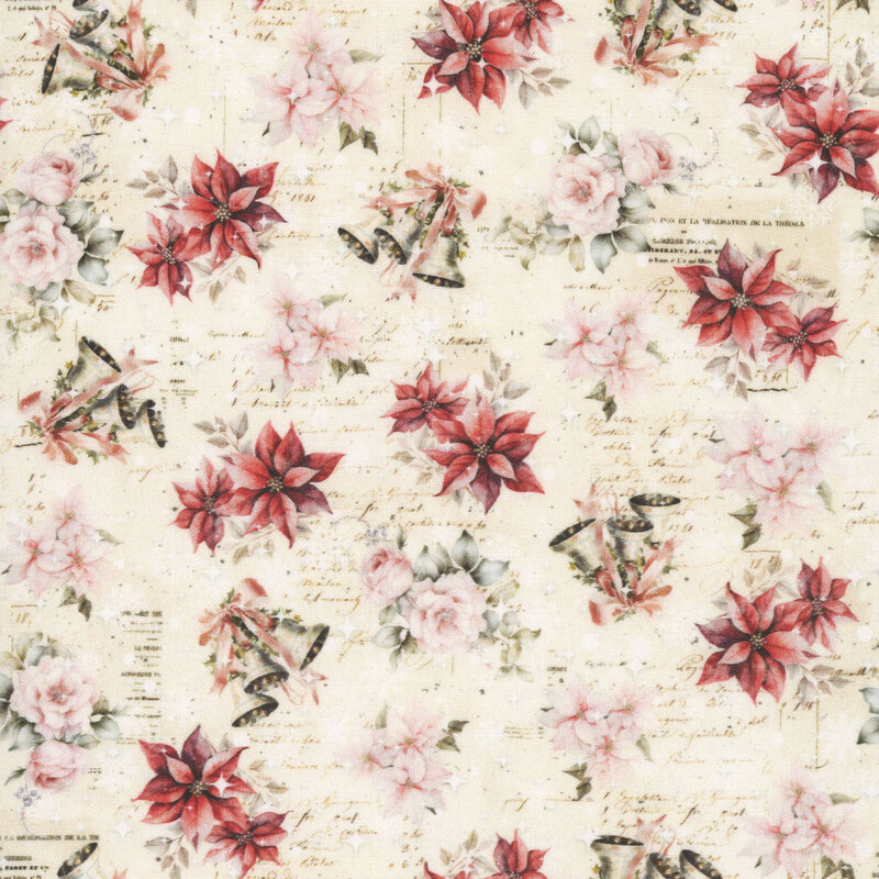 A ivory fabric with poinsettias, bells, roses, bows and a victorian scrapbook theme. 