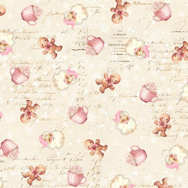 A ivory fabric with santa claus, gingerbread men, hot coco, and a victorian scrapbook theme. 