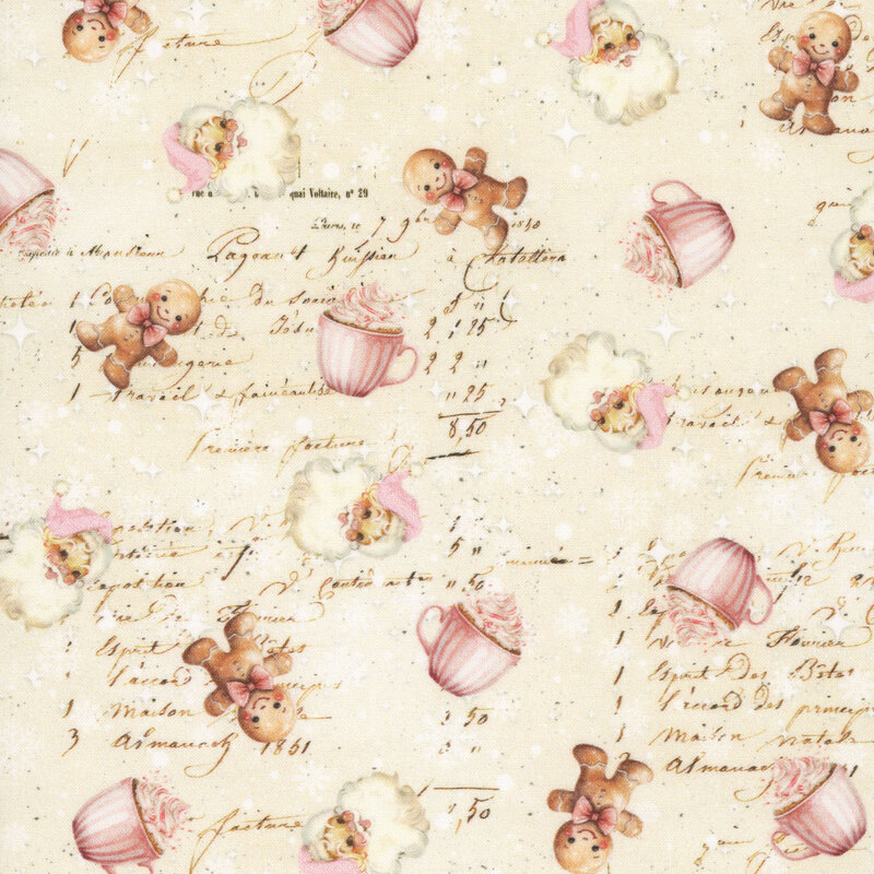 A ivory fabric with santa claus, gingerbread men, hot coco, and a victorian scrapbook theme. 