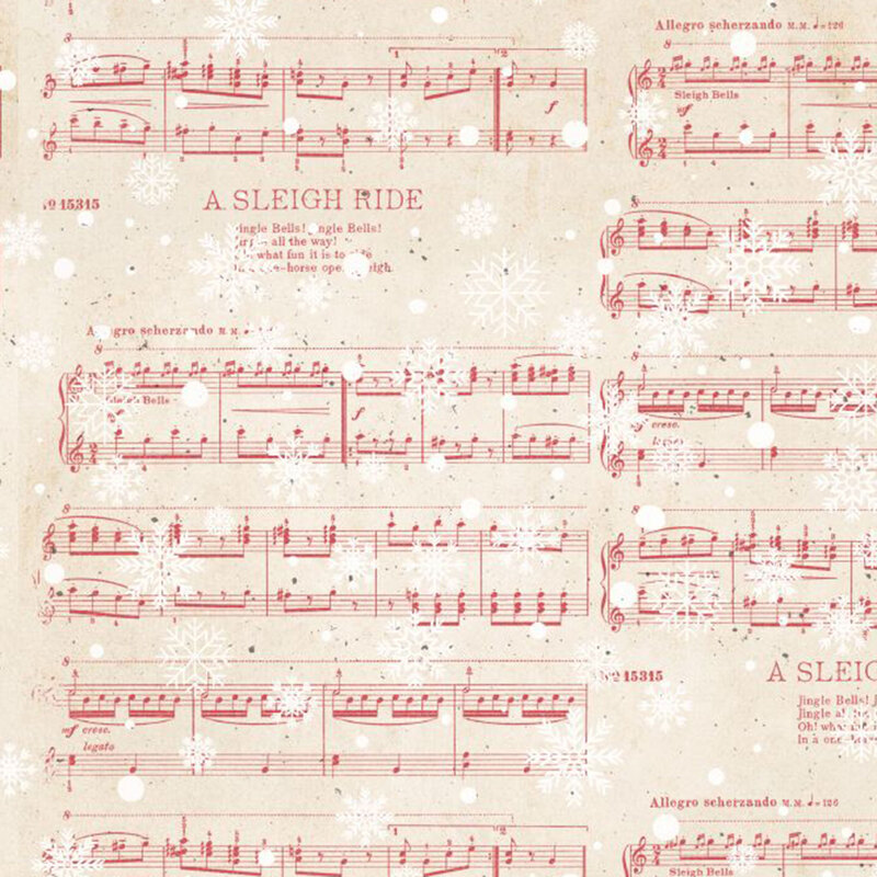 A ivory fabric with snowflakes, sheet music and a victorian scrapbook theme. 