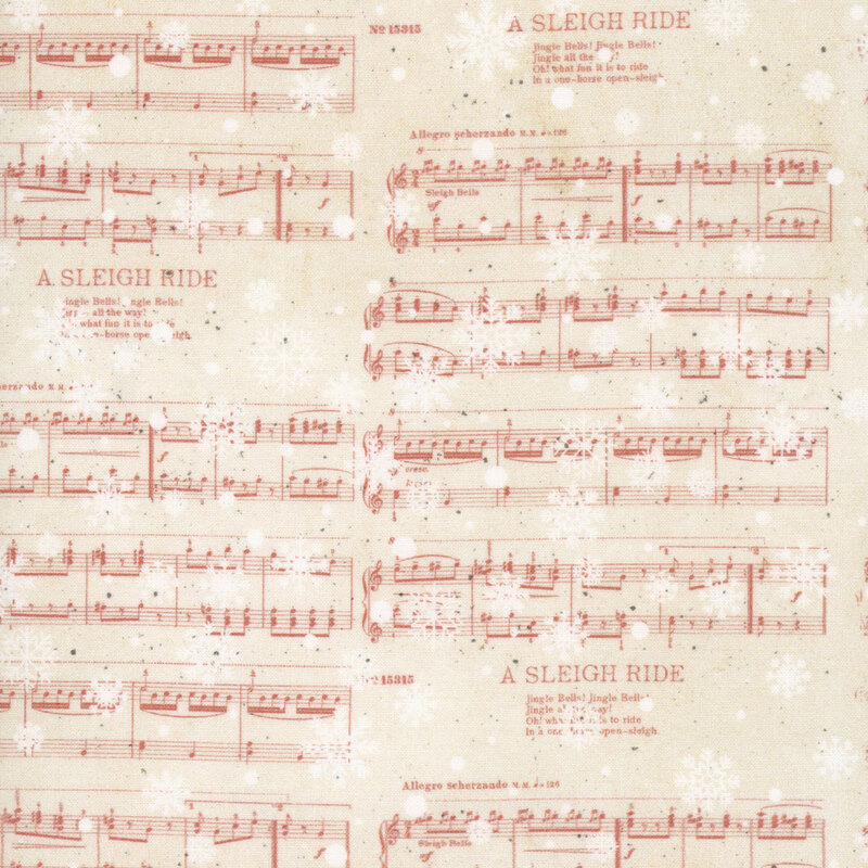A ivory fabric with snowflakes, sheet music and a victorian scrapbook theme. 