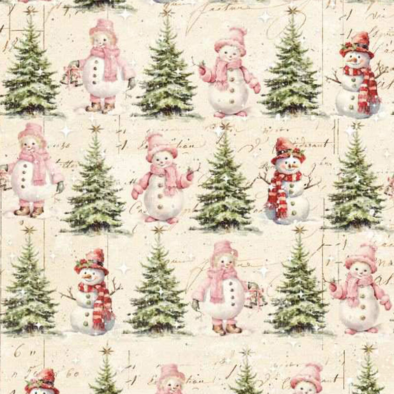 A ivory fabric with snowmen, christmas trees and a victorian scrapbook theme. 