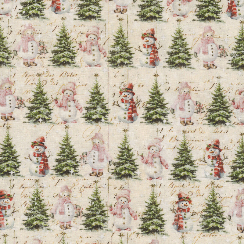 A ivory fabric with snowmen, christmas trees and a victorian scrapbook theme. 