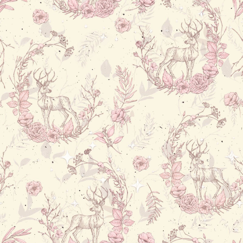 A ivory fabric with deer surrounded by delicate light pink florals. 