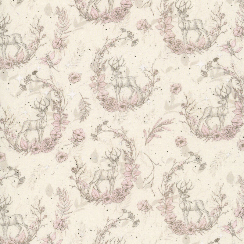 A ivory fabric with deer surrounded by delicate light pink florals. 
