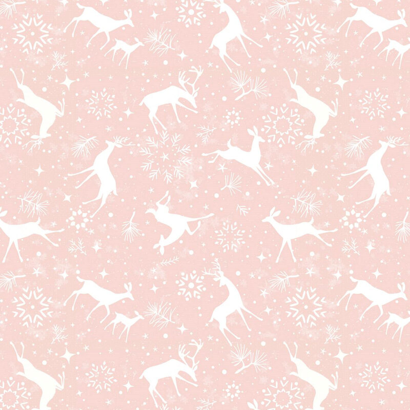 A light pink fabric with snowflakes, pine branches, and prancing deer.