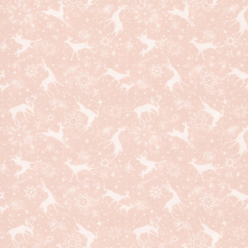 A light pink fabric with snowflakes, pine branches, and prancing deer.