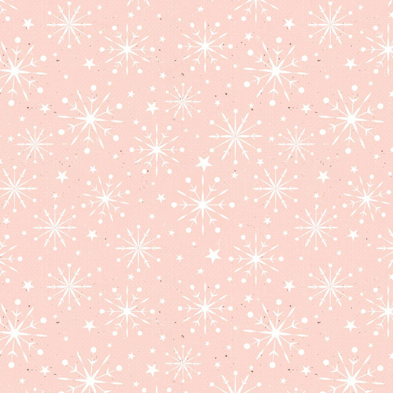 A grungy light pink fabric with snowflakes and shining stars. 