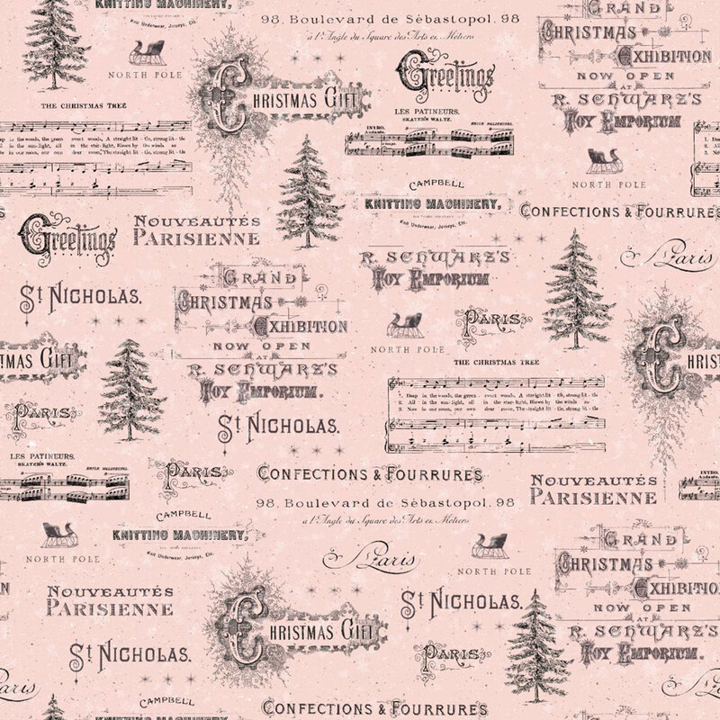 A light pink fabric with trees and various fonts and styles of writing samples in victorian scrapbook style.