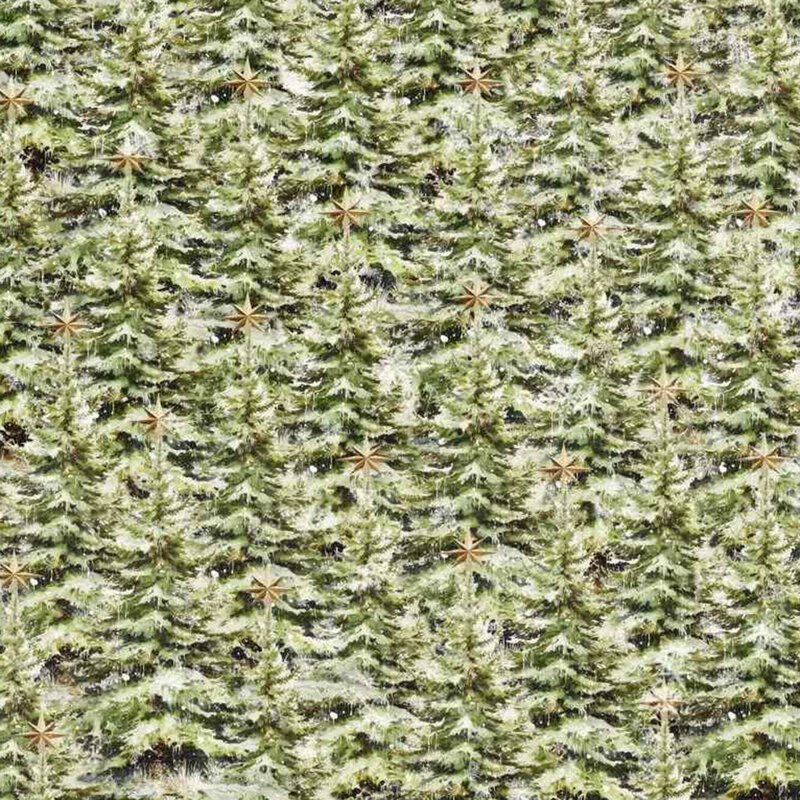 A green fabric packed with christmas trees, decorated with tinsel, and topped with stars. 