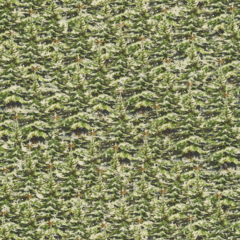 A green fabric packed with christmas trees, decorated with tinsel, and topped with stars. 