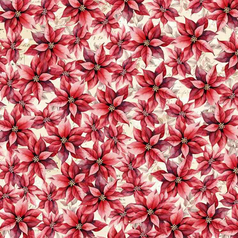 A red fabric with tossed christmas poinsettias. 