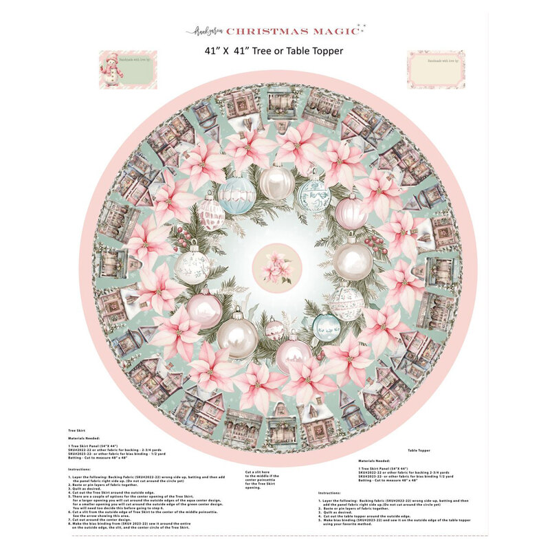 A project panel with instructions for making a christmas tree skirt or table topper from the collection Christmas Magic from Blank Quilting Corporation. 