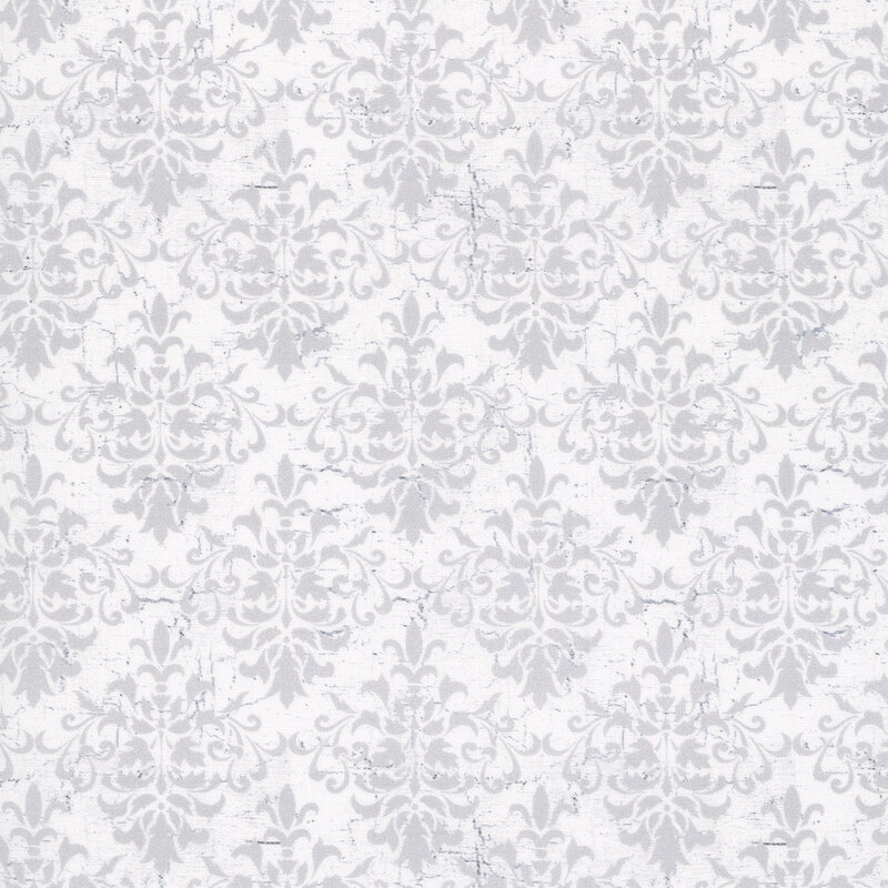silver gray damask pattern over a rough textured cloud white background.