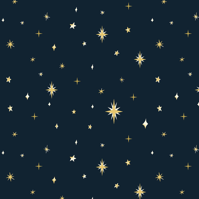 Dark indigo background with a pattern of diamond-shaped stars in gold and silver