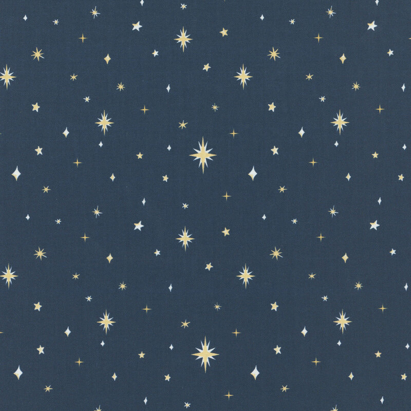 Dark indigo background with a pattern of diamond-shaped stars in gold and silver
