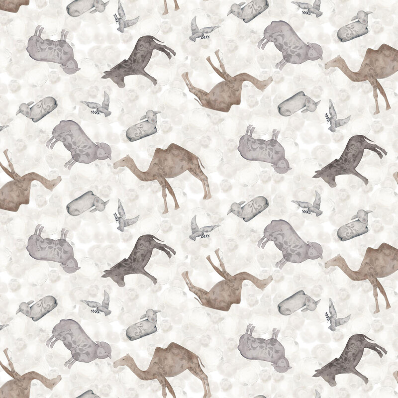 A taupe watercolor background with a tossed pattern of animals including sheep, donkeys, camels, and doves.