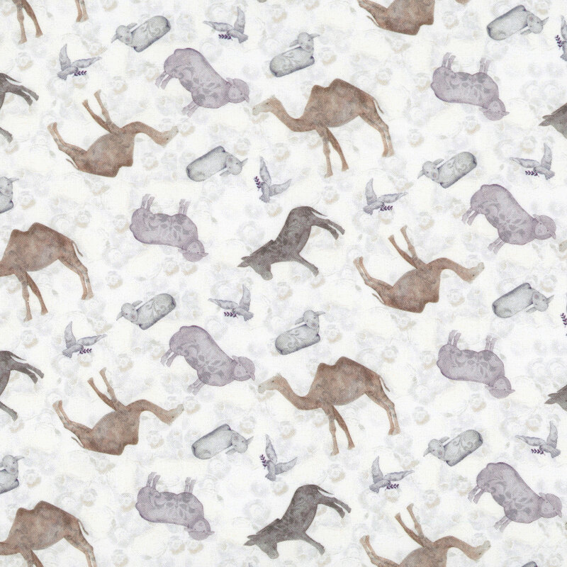 A soft ivory watercolor background with a tossed pattern of animals including sheep, donkeys, camels, and doves.