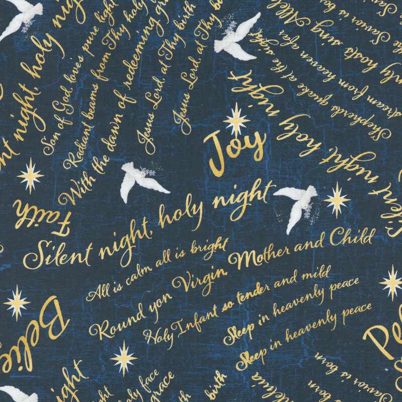 Cracked texture navy background with the lyrics of Silent Night in gold wording, diamond stars, and white doves